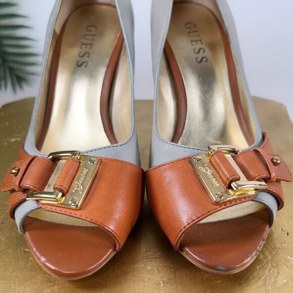 Womens Guess Old Money Classy Leather Peep-Toe Stiletto Buckle Heels / 5.5 - Picture 6 of 9